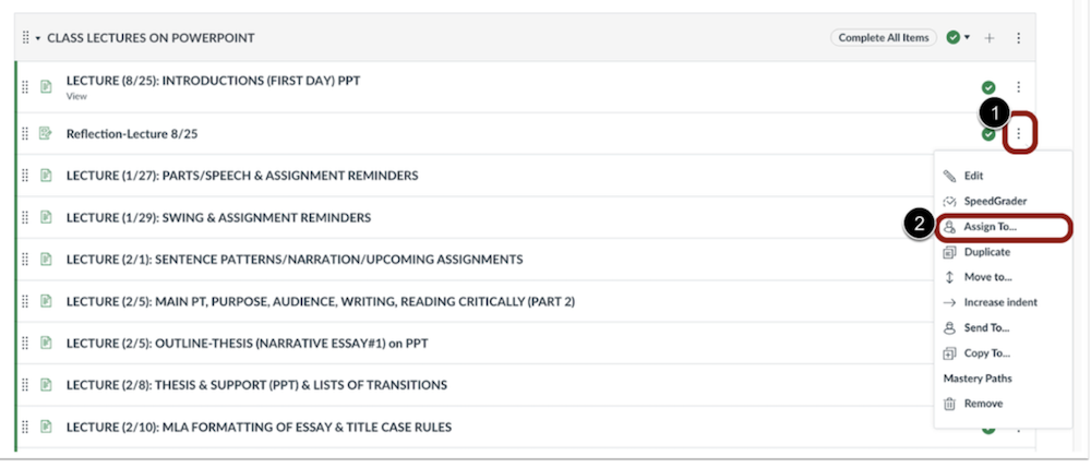 Screenshot of the new user interface showing the Module Item “Assign To…” setting.