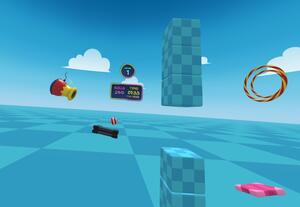 Checkered blocks, red and yellow bongo drum, rings ball, etc. floating in a blue sky virtual world