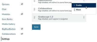 A screenshot of the Navigation tab within the Settings of a bCourses course site showing the enable option for "Gradescope 1.3"