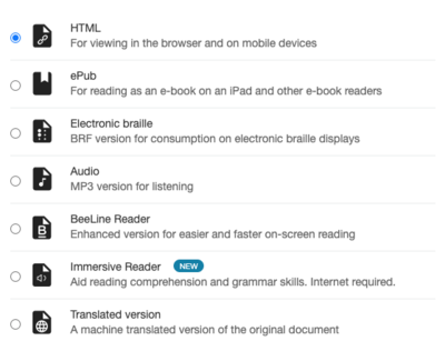   HTML, ePub, Electronic braille, Audio, BeeLine Reader, Immersive Reader and Translated version. 