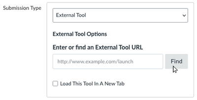 A screenshot of the "Submission Type" section within the bCourses assignment settings with "External Tool" selected as the submission type