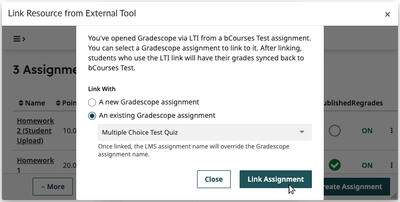 A screenshot of the "Link Resource from External Tool" dialogue box used to select a Gradescope assignment to link to a bCourses assignment