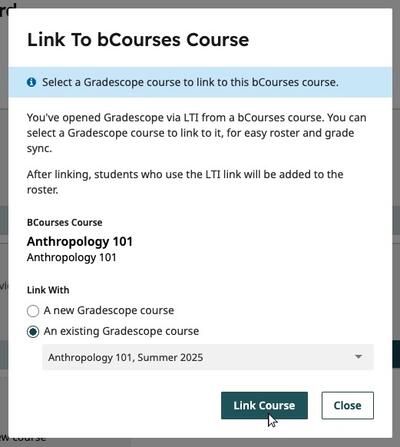 A screenshot of the "Link to bCourses Course" dialogue box in Gradescope.