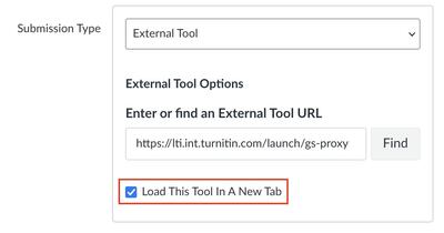 A screenshot of the "Submission Type" section within the bCourses assignment settings with a red box around the "Load this tool in a new tab" option