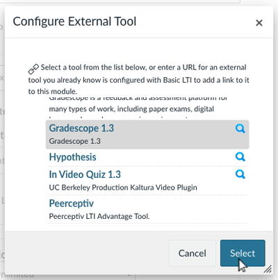 A screenshot of the "Configure External Tool" dialogue box used to select an external tool as the submission type for an assignment in bCourses